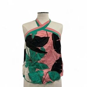 Sofia by Sofia Vergara Pink and Green Leaf Halter Top
